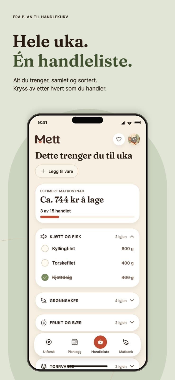 App Store-bilde: Hele uka i én handleliste, med varer sortert etter kategori i Mett.
