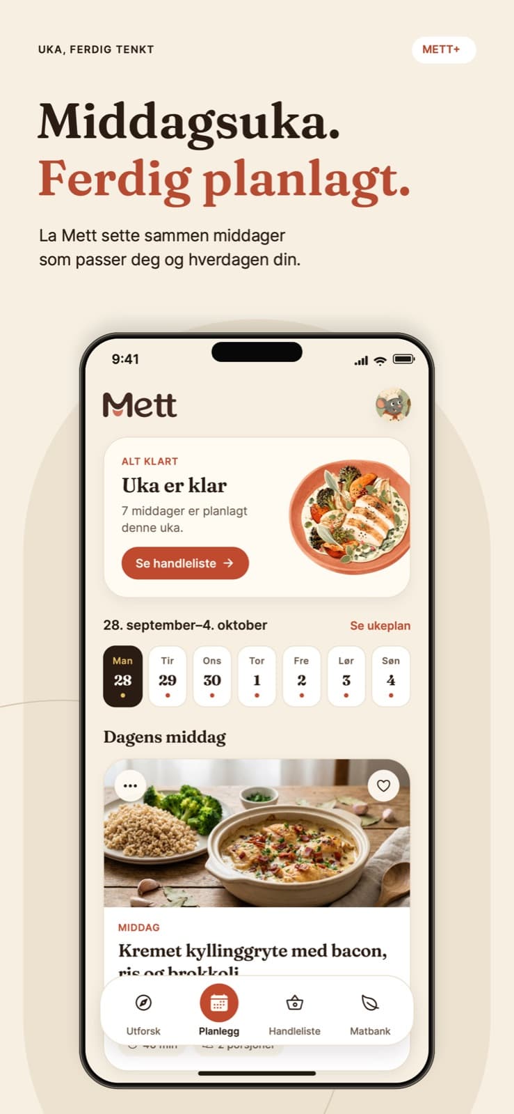 App Store-bilde: Middagsuka ferdig planlagt, med Mett-appen som viser at uka er klar og dagens middag.