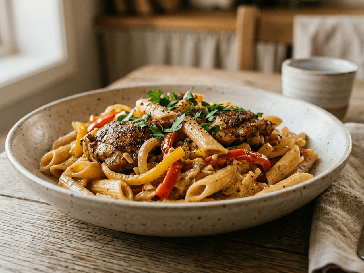 Kremet cajun-kyllingpasta servert på en keramisk tallerken, toppet med persille.