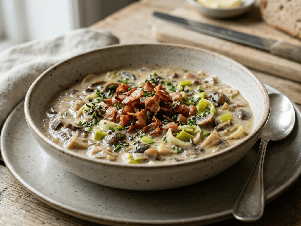 Kremet sopp- og purresuppe i en hvit skål med sprøstekt bacon og gressløk på toppen.