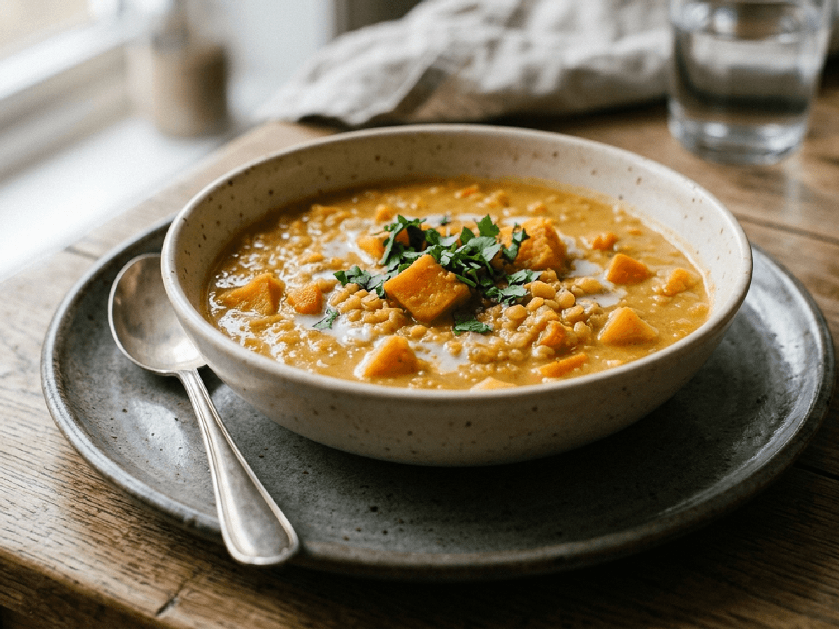 En skål med kremet oransje suppe, toppet med lime og koriander, med grovt brød ved siden av.