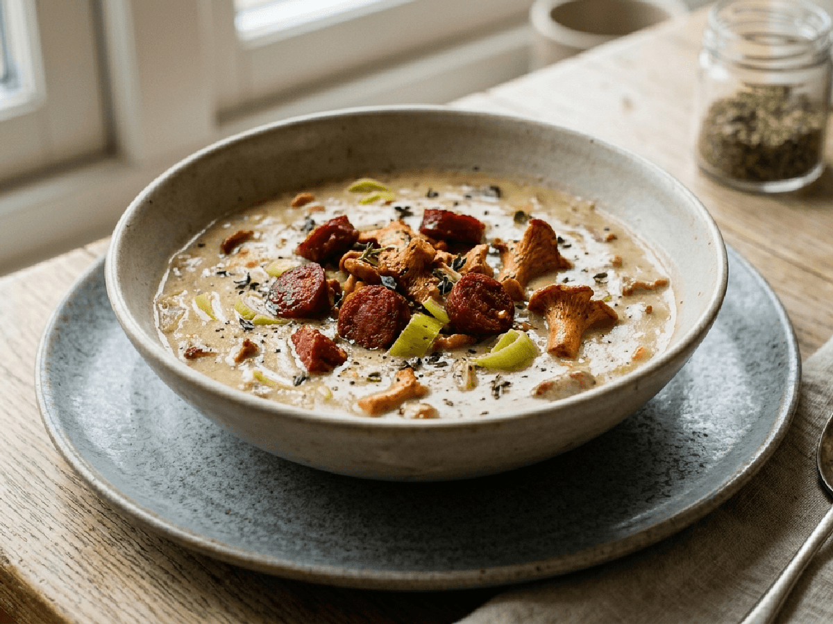 Kremet sopp- og purresuppe med sprøstekt chorizo i en skål, toppet med chorizobiter og persille.