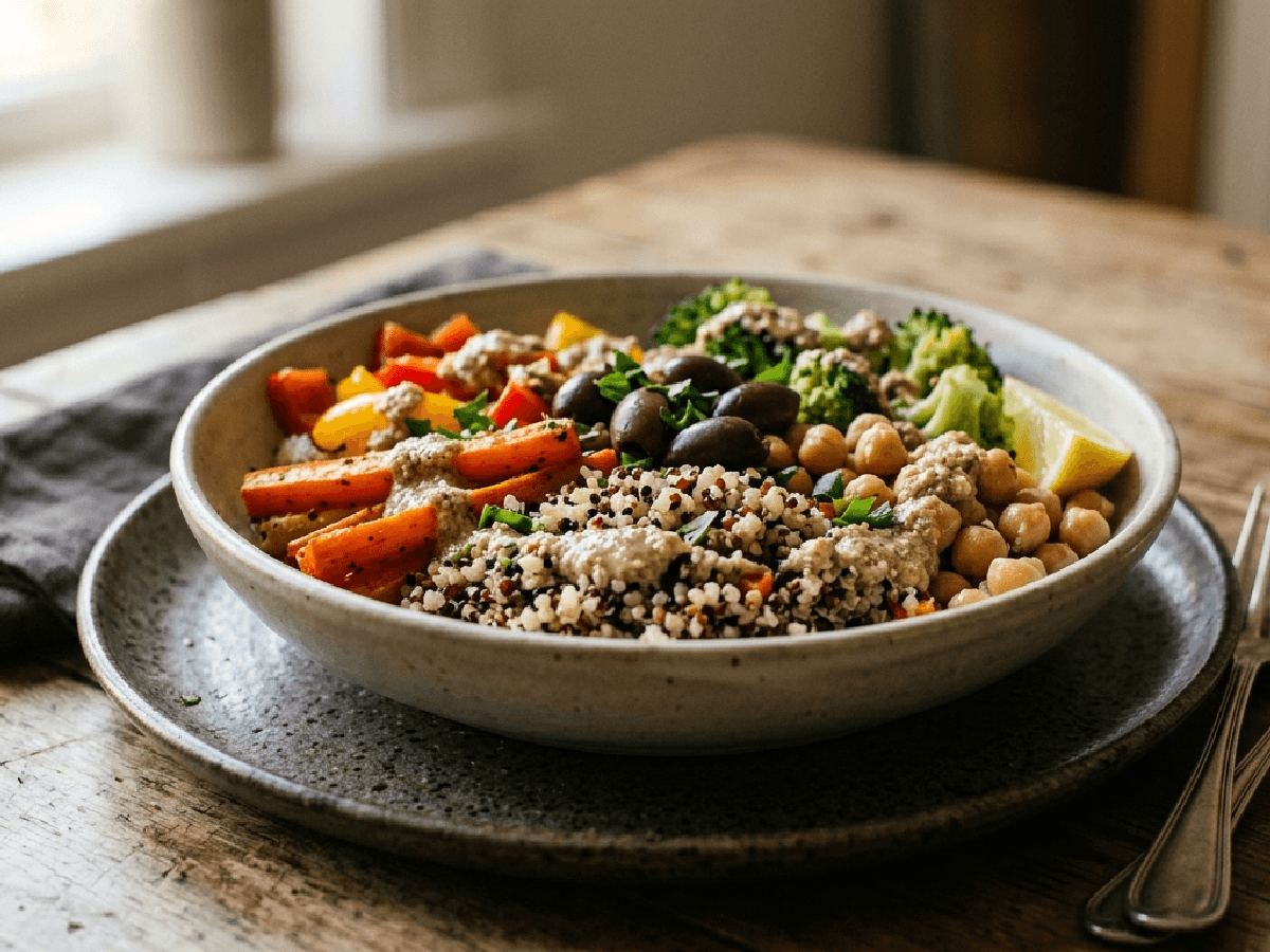 En sunn-ish bowl med quinoa, ovnsbakte grønnsaker og tahinidressing, servert i en keramikkskål på et nordisk kjøkkenbord.
