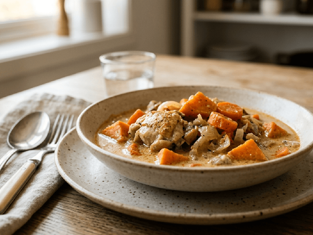 Familievennlig kyllinggryte med søtpotet og kokosmelk serveres i et keramisk fat, pyntet med koriander.