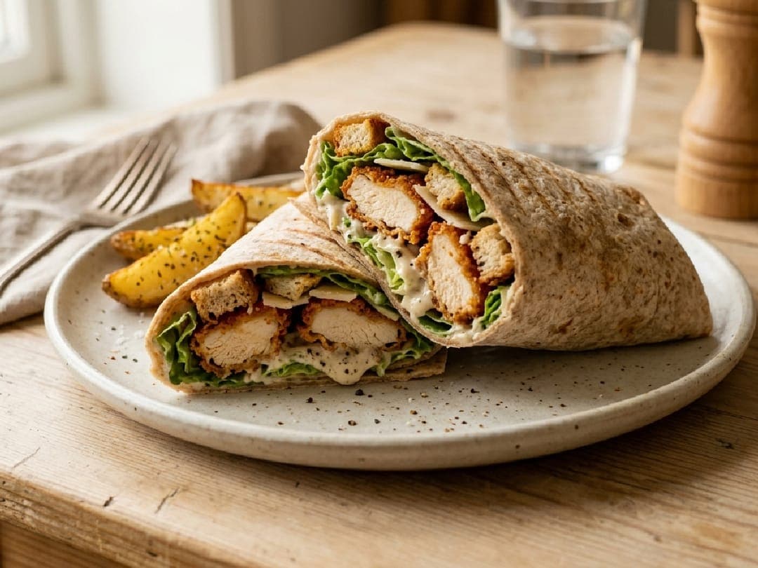 En halv wrap med sprø kylling og salat på et fat, med parmesanflak synlige.