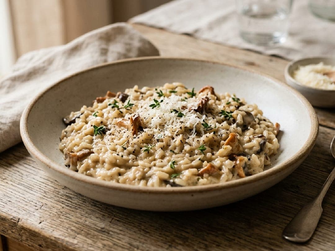 Kremet sopprisotto i keramikkskål med parmesan og timian, med spinat ved siden av