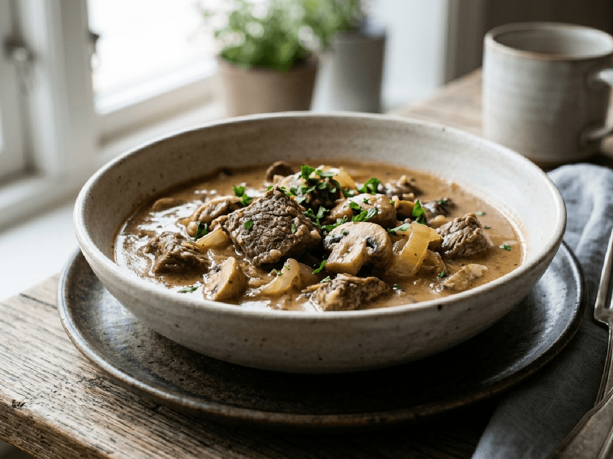 Kremet biffgryte med sopp og potetmos i en keramikkskål på et trebord.