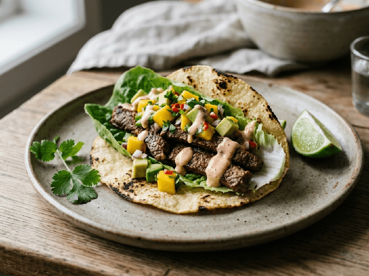 Biff-taco med mango-avokadosalsa og chipotle-krem på et keramisk fat.
