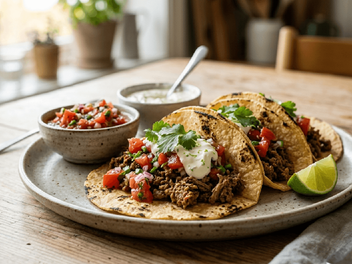 Biff-taco med salsa og lime-krem på et keramikkfat, med nachos ved siden av.