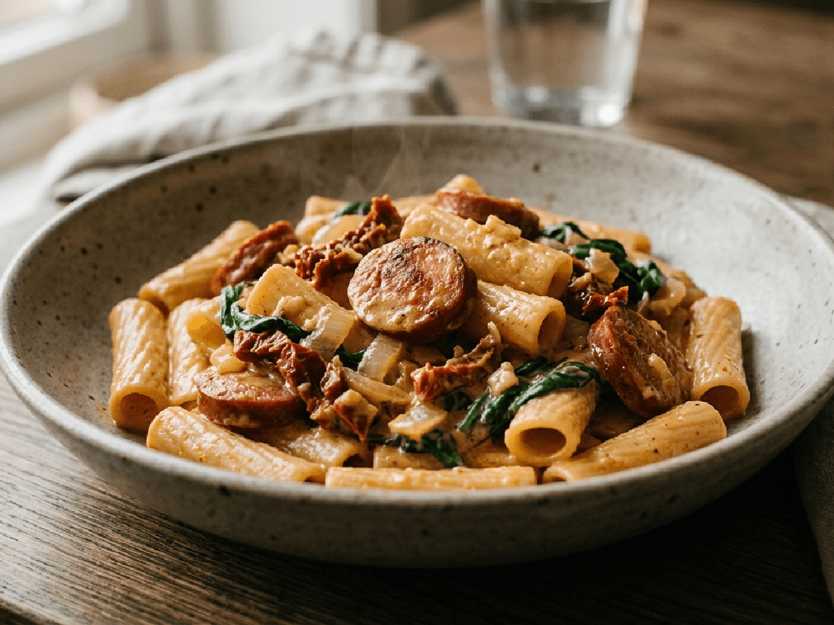 Kremet chorizopasta med spinat og parmesan i en keramisk bolle, på et trebord med dagslys.