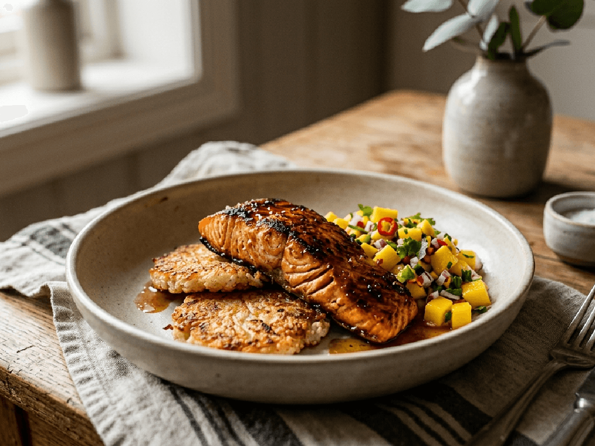 En tallerken med krydret laksefilet, frisk mango-salsa og sprø riskaker, plassert på et trebord i dagslys.