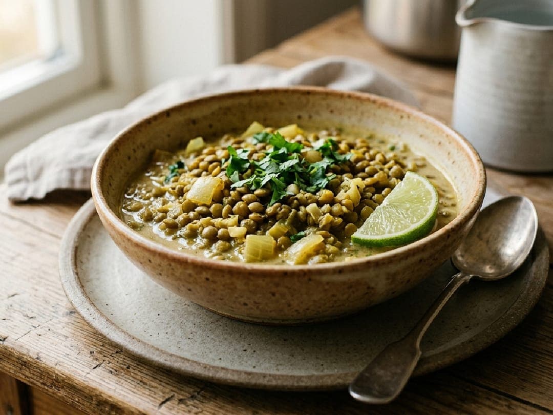 Kremet grønn linsegryte i dyp tallerken med koriander og limebåter på trebord.