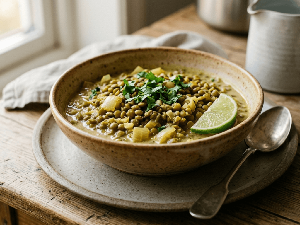 Kremet grønn linsegryte i dyp tallerken med koriander og limebåter på trebord.