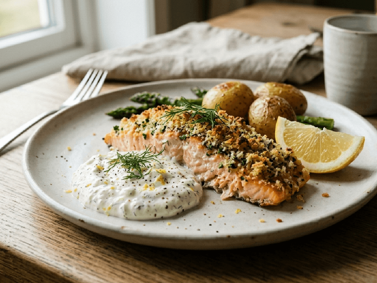 Ovnsbakt laks med sprø topping og sitronrømme, servert med brokkoli på et trefat