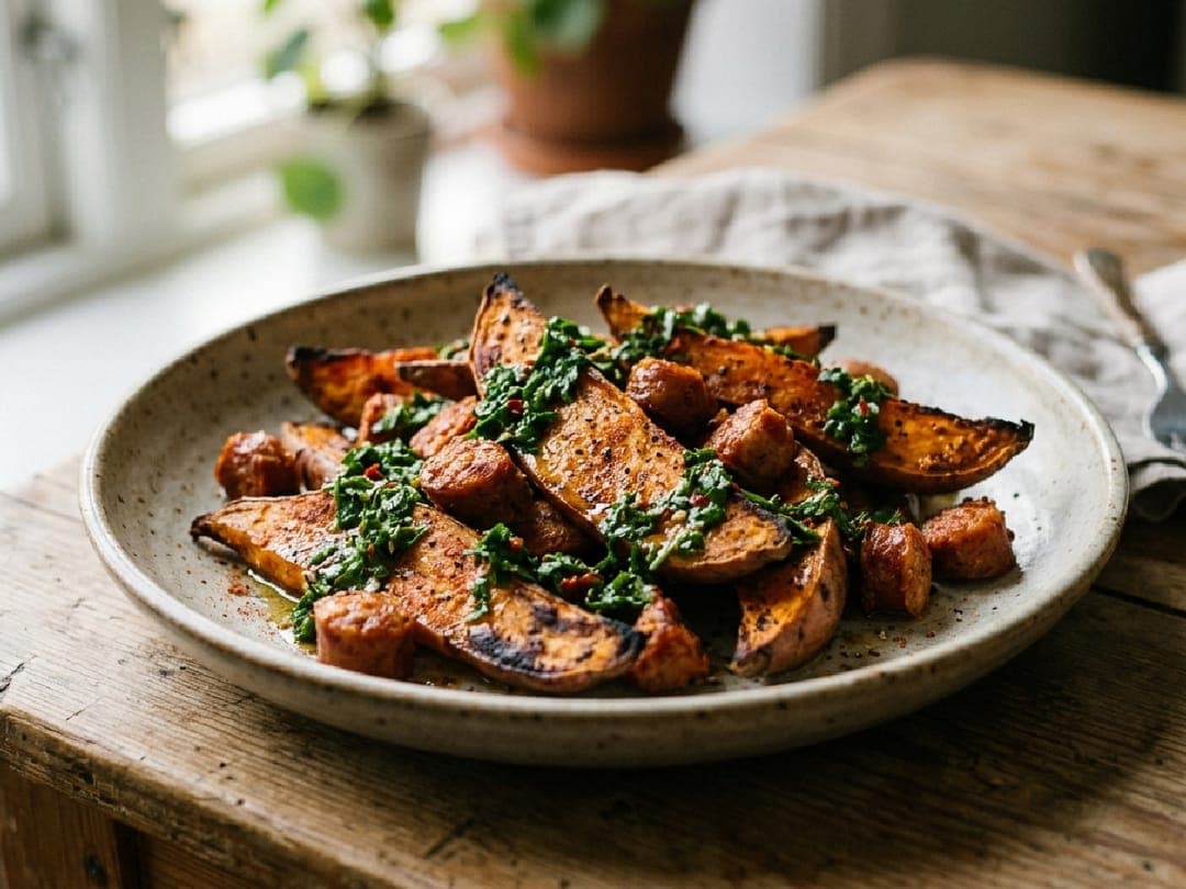 Søtpotetbåter med chorizo og chimichurri på keramisk fat