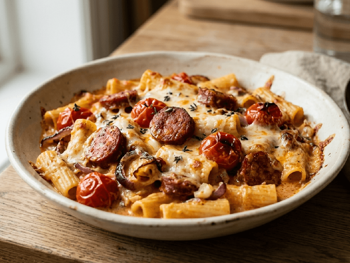 Pastabake i ildfast form med smeltet ost, chorizo, cherrytomater og spinat, på trebord med basilikum
