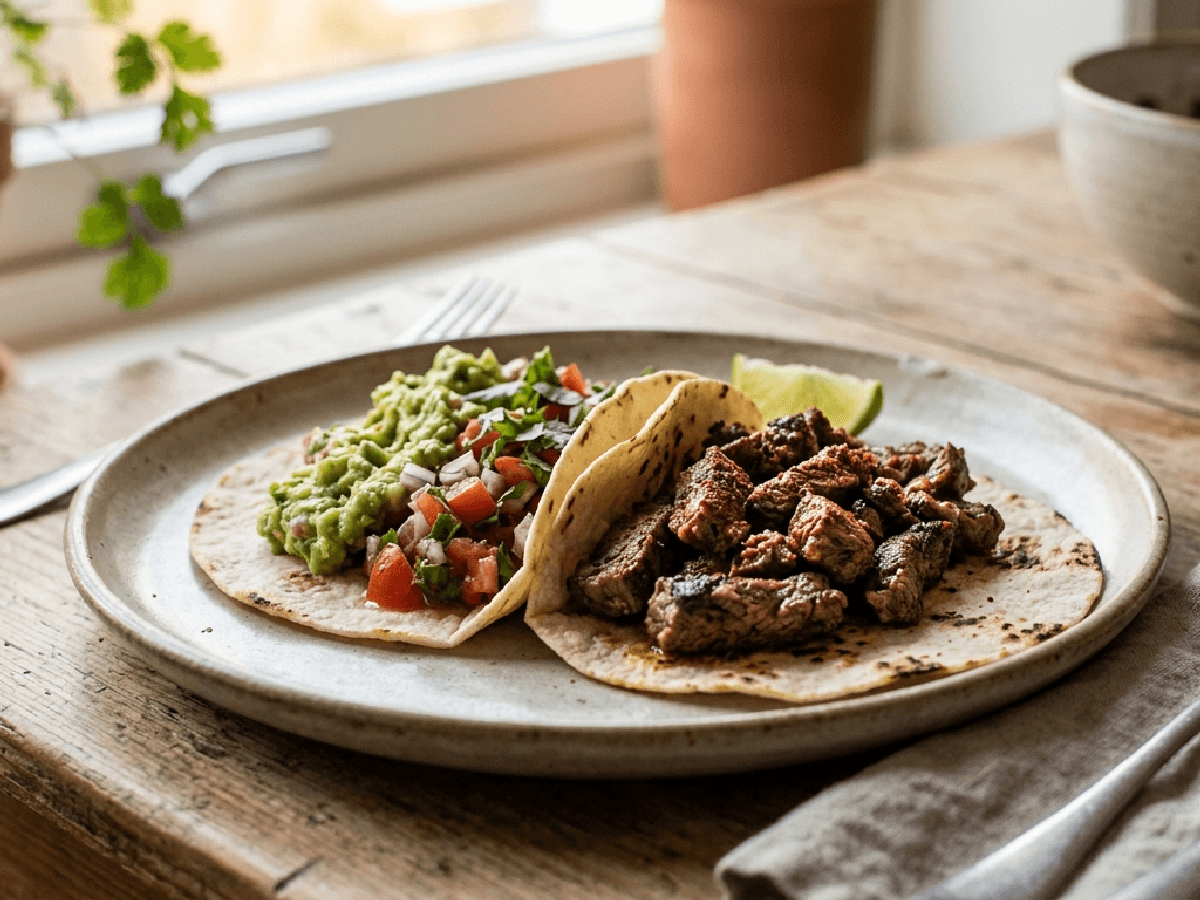 Biff taco med salsa og guacamole på keramisk tallerken