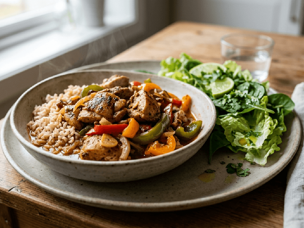 Tallerken med tacokrydret kylling, ris, salat og rømme