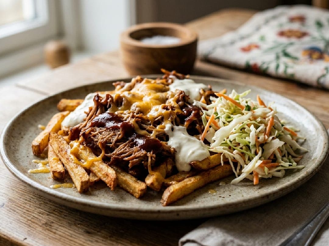 Loaded fries med pulled pork, ost, rømme og coleslaw på et keramisk fat