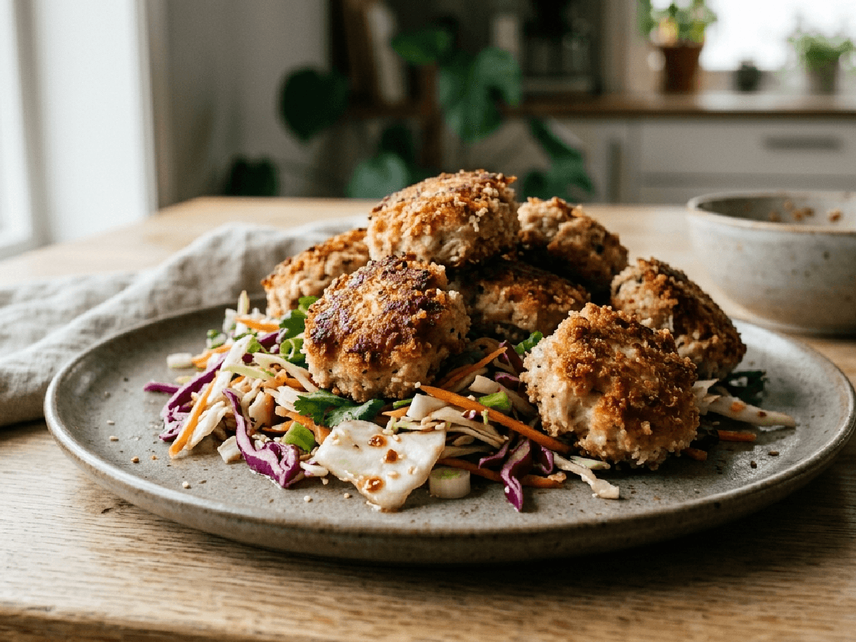 Sprø kyllingboller med asiatisk salat på keramisk tallerken