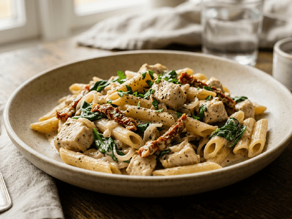 En tallerken med kremet pasta, kylling, spinat og soltørket tomat, pyntet med basilikum og parmesan.