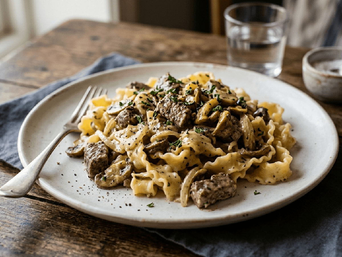 Biffpasta med fløtesaus og sopp i en keramisk bolle, toppet med parmesan og persille.