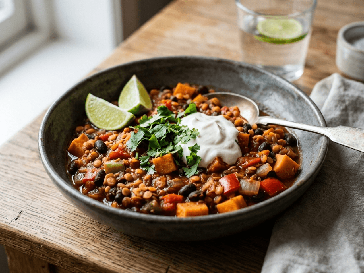 Chili sin carne med søtpotet og svarte bønner, servert i keramikkskål med ris, rømme og koriander