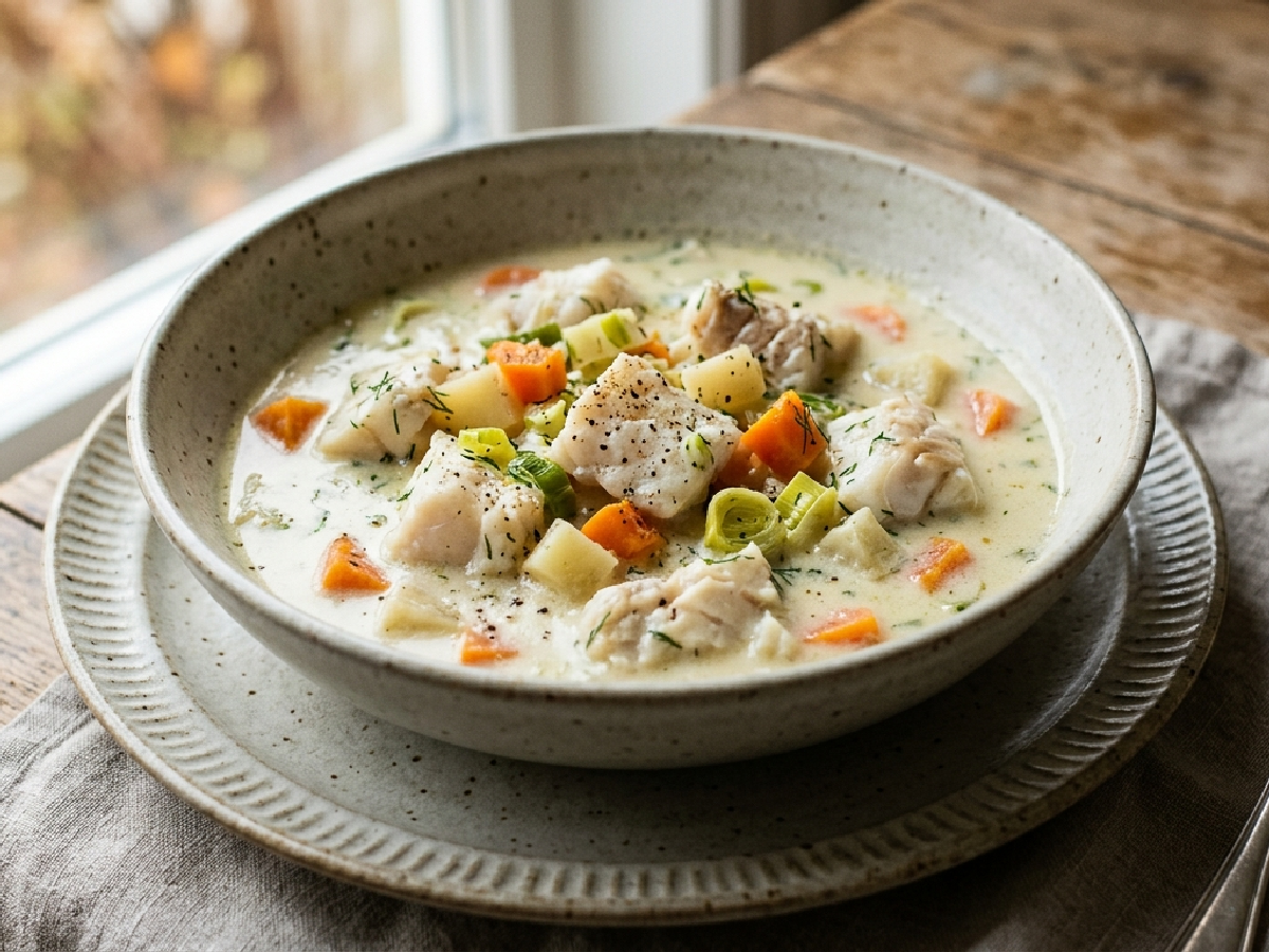 Kremet fiskesuppe med torsk og grønnsaker i en hvit skål, med brød ved siden av.