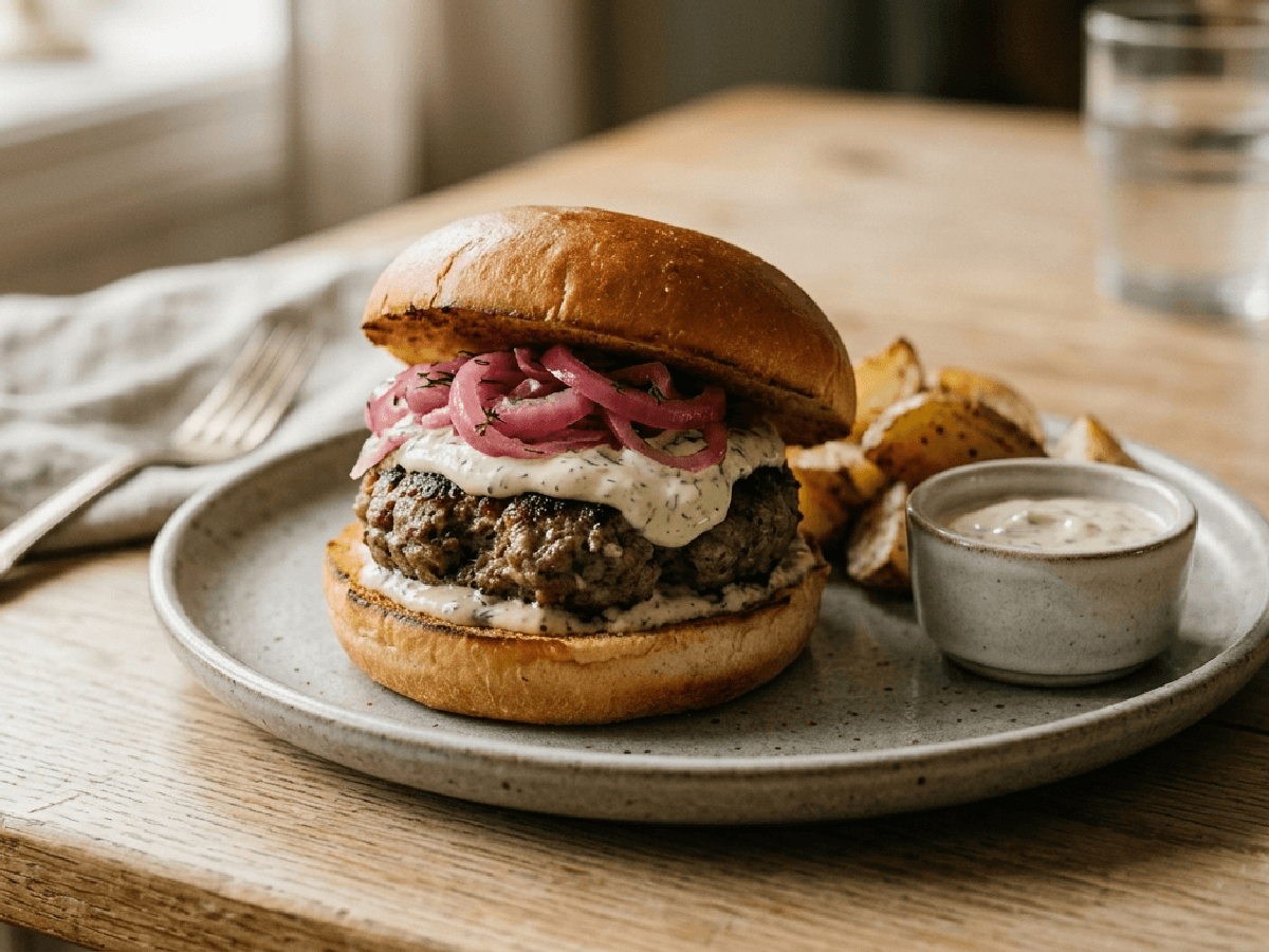 Lammeburger med syltet rødløk og mynteyoghurt