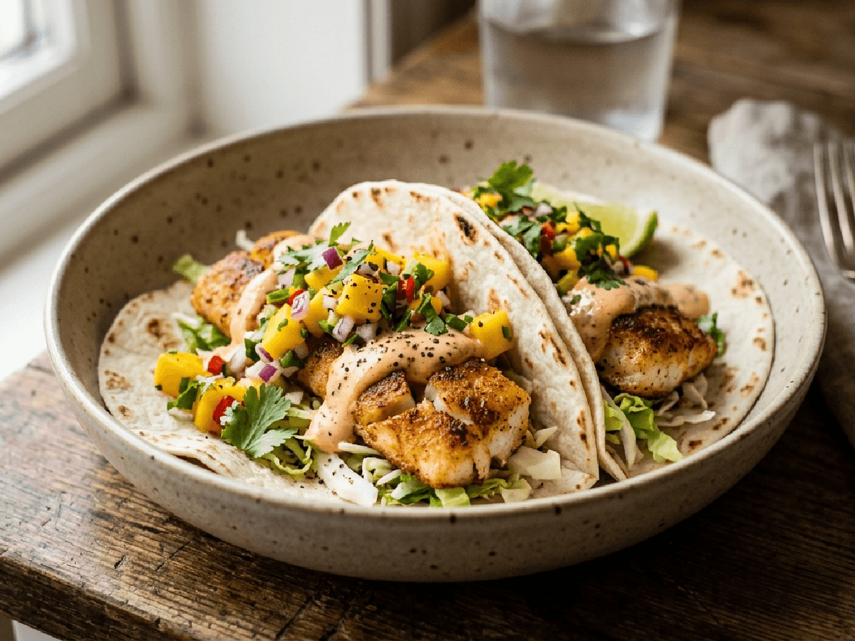 Fisketaco med mangosalsa og chipotle på keramisk fat, med myke maistortillas, sprø fisk, frisk salsa og syltet rødløk.