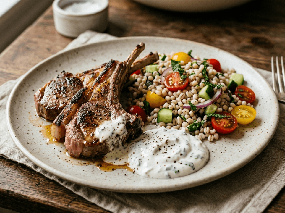 Lammekoteletter med byggrynsalat og mynte-yoghurt på en keramikktallerken.