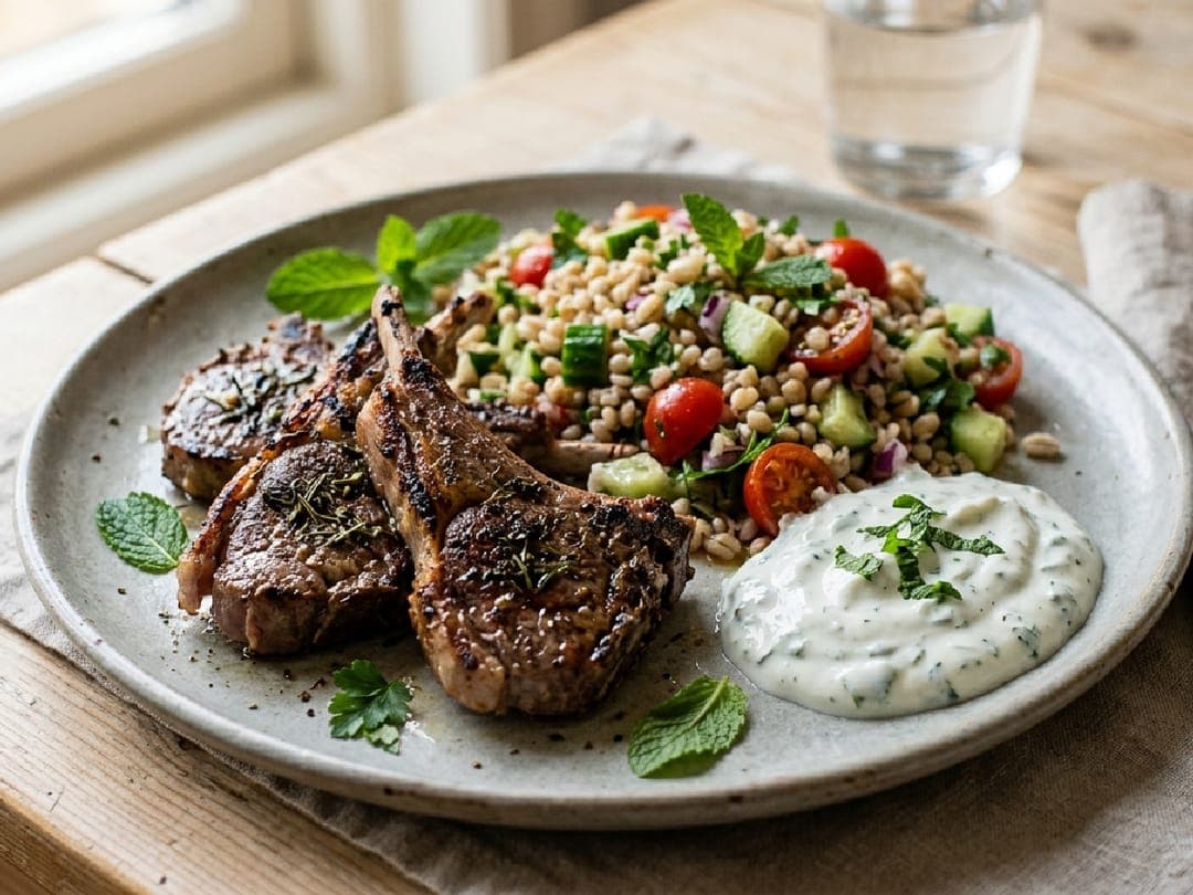 Lammekoteletter med byggrynsalat og mynteyoghurt på en keramikktallerken