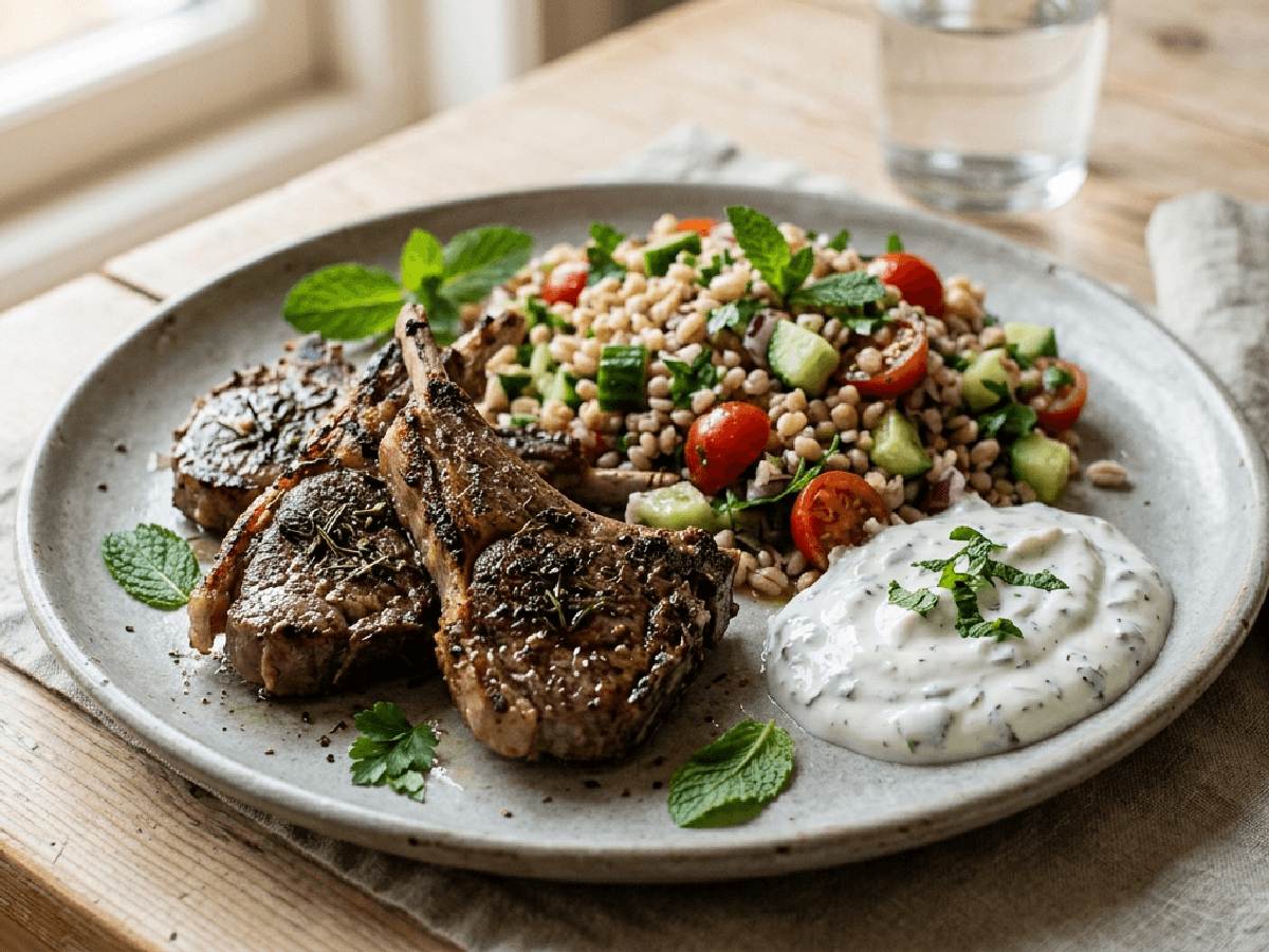 Lammekoteletter med byggrynsalat og mynteyoghurt på en keramikktallerken