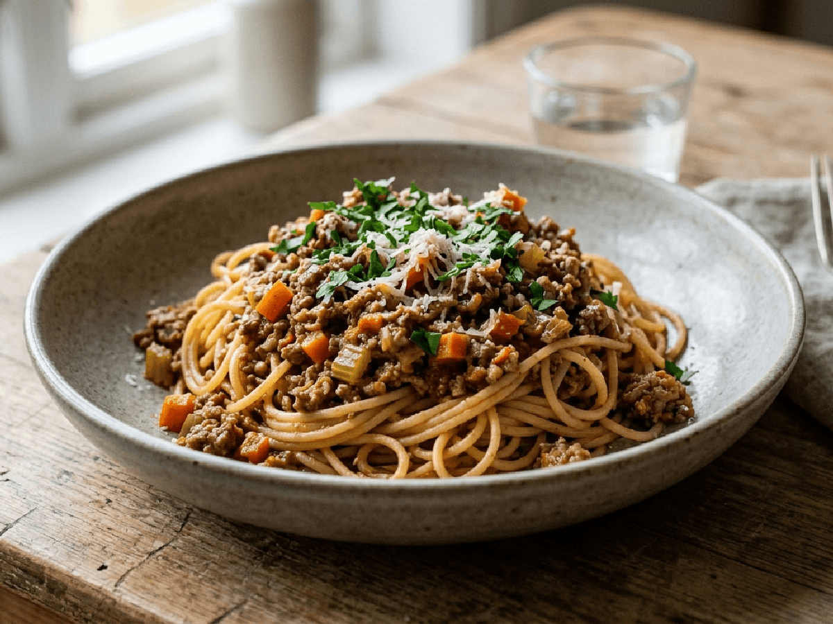 Spagetti bolognese på tallerken med parmesan