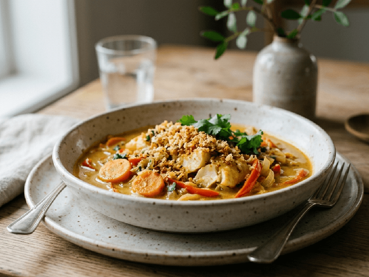 Kokos- og currygryte med torsk og sprø topping i en dyp tallerken, med ris ved siden av.