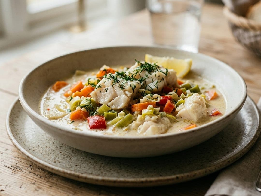 Kremet fiskegryte med grønnsaker og dill i en hvit skål, med kokte poteter ved siden av.