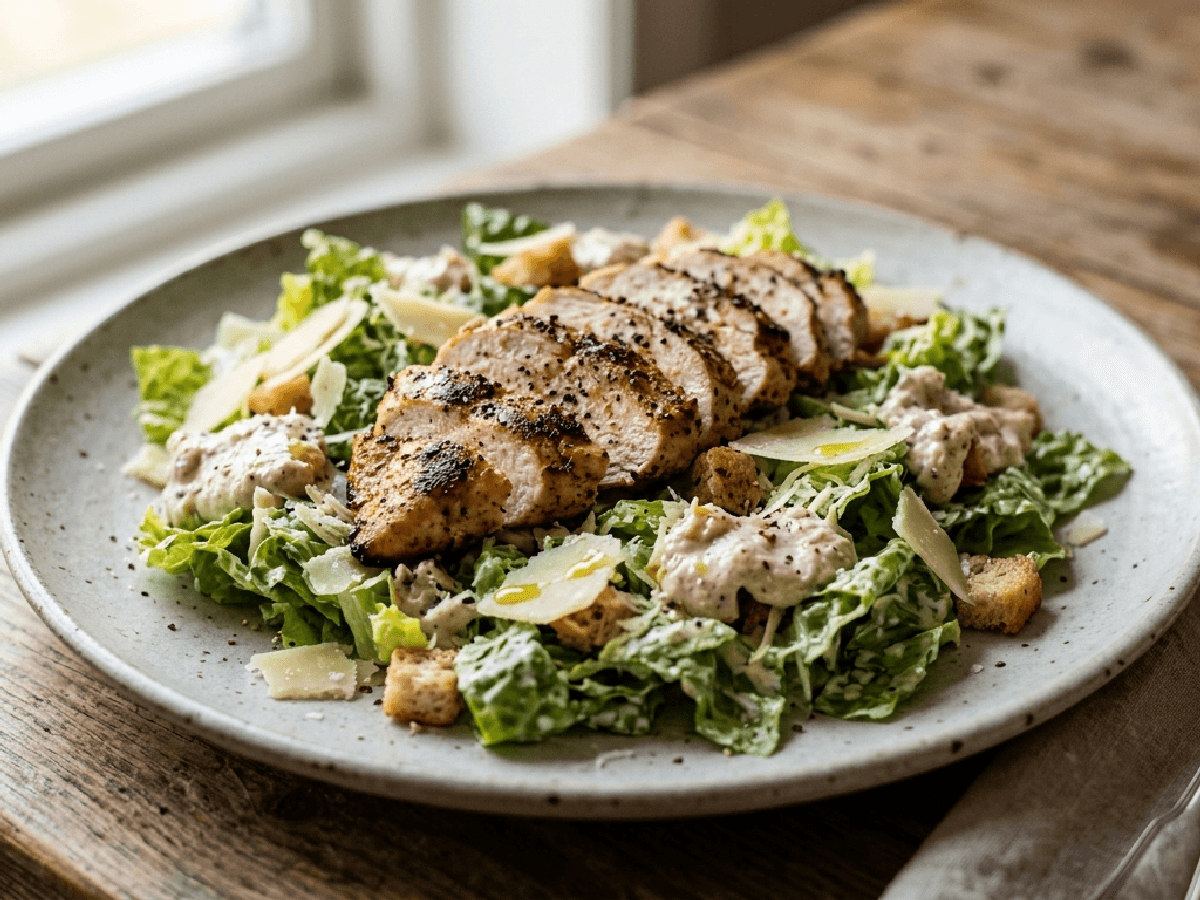 Cæsarsalat med grillet kylling på en keramisk tallerken