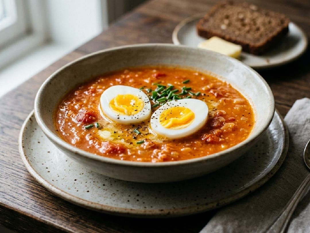 Tomatsuppe med kokt egg servert i en keramikkskål med brød ved siden av