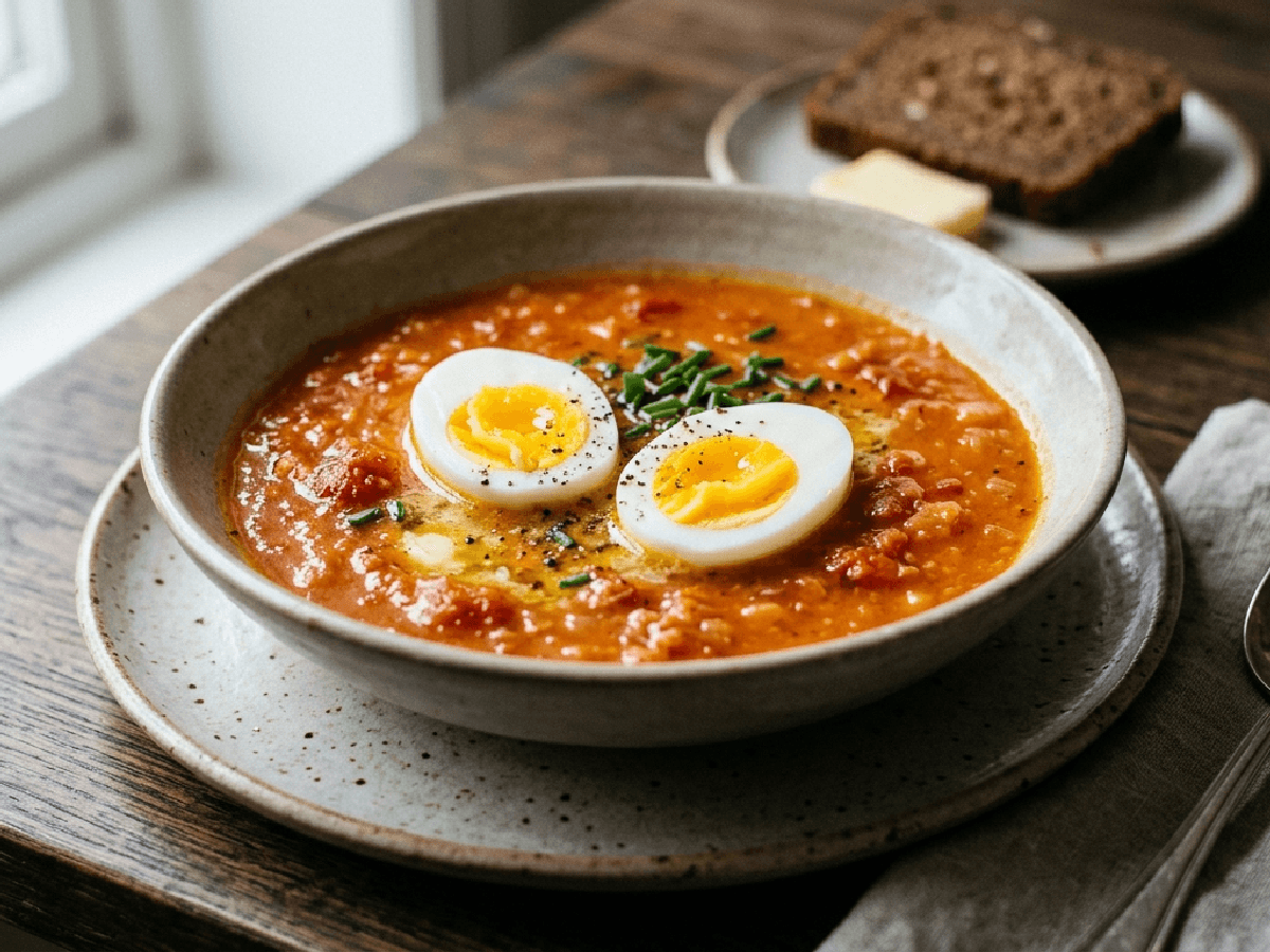 Tomatsuppe med kokt egg servert i en keramikkskål med brød ved siden av