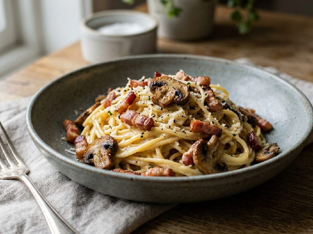 Kremet pasta carbonara med bacon og sopp på en tallerken, med spinat til