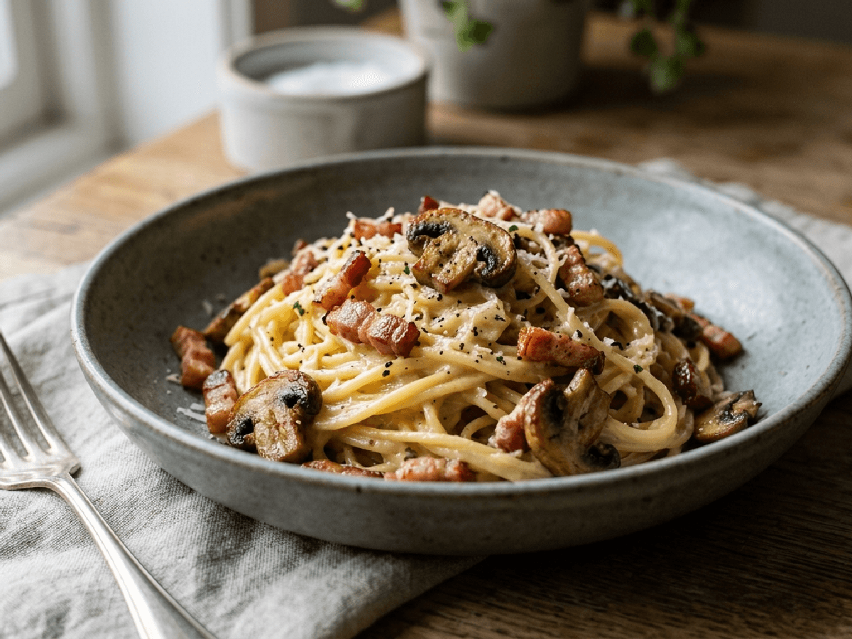 Kremet pasta carbonara med bacon og sopp på en tallerken, med spinat til
