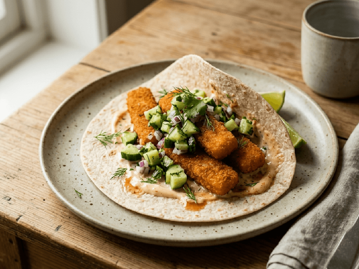 Fiskepinner i wrap med agurksalsa og chilimajones, servert på keramisk fat