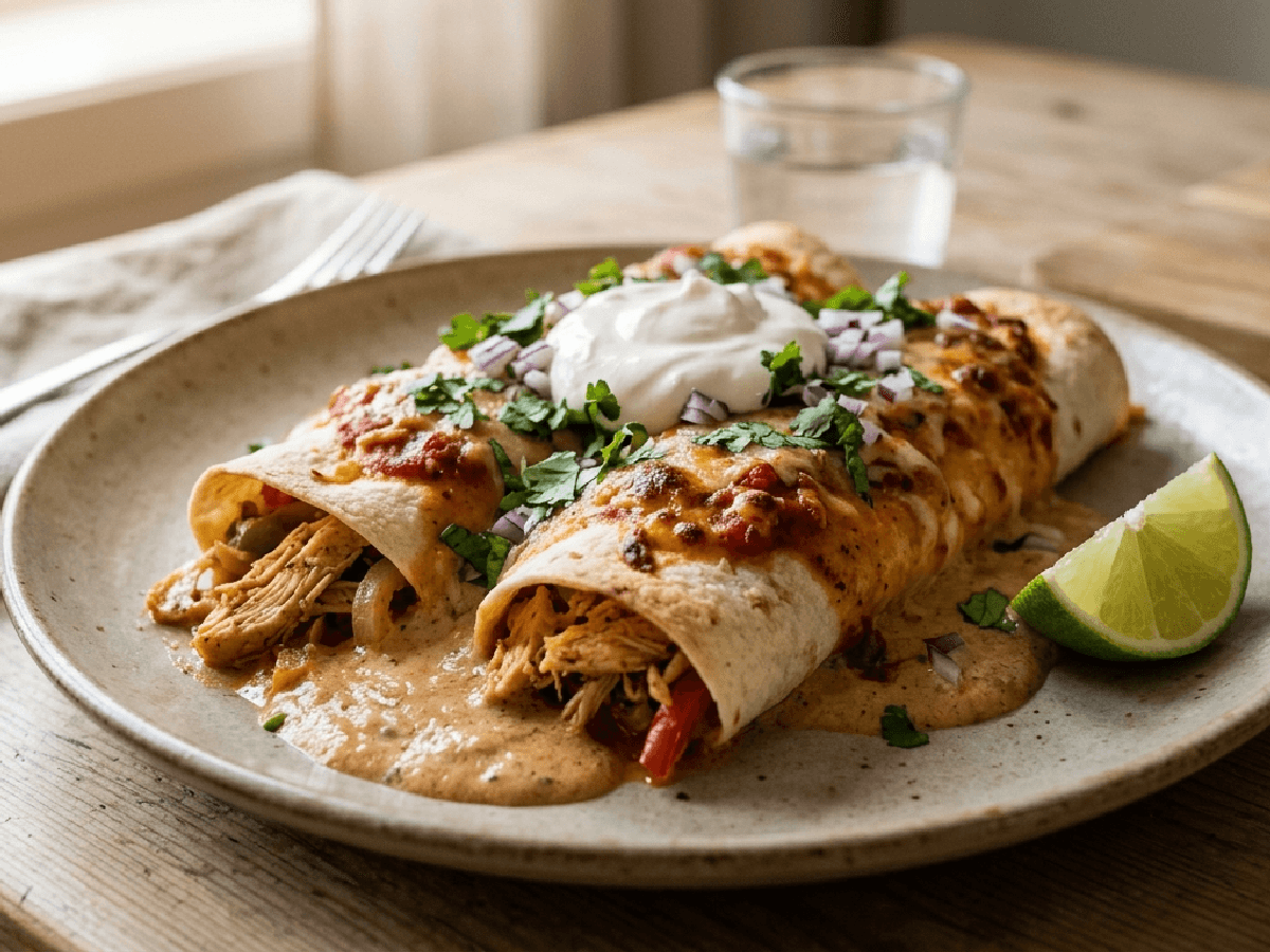 Ildfast form med kyllingenchiladas, ost og rømme, limebåter og koriander på trebord.