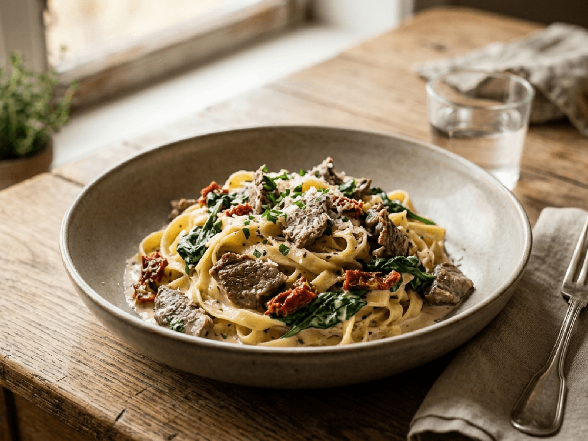 Kremet pasta med lammeskav og soltørket tomat i en hvit keramikkskål, med spinat og parmesan på toppen.