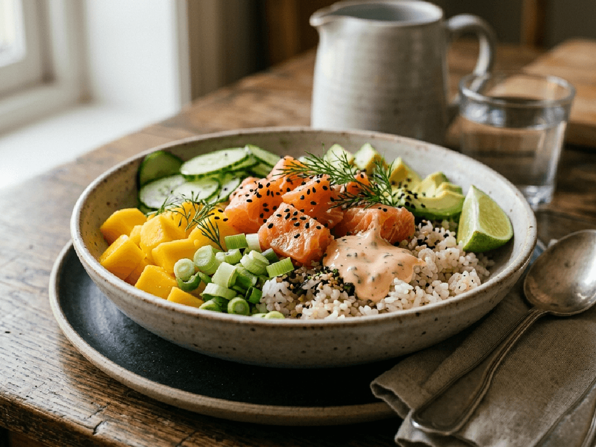 Laksebowl med mango, avokado og chilimajones på en seng av ris.