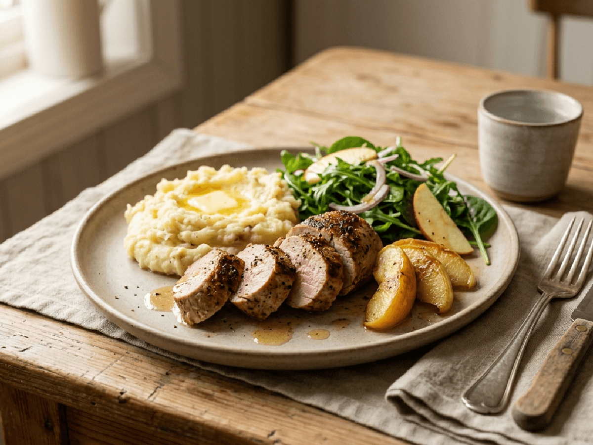 Svinefilet med potetmos, eple og grønn salat på en keramikktallerken