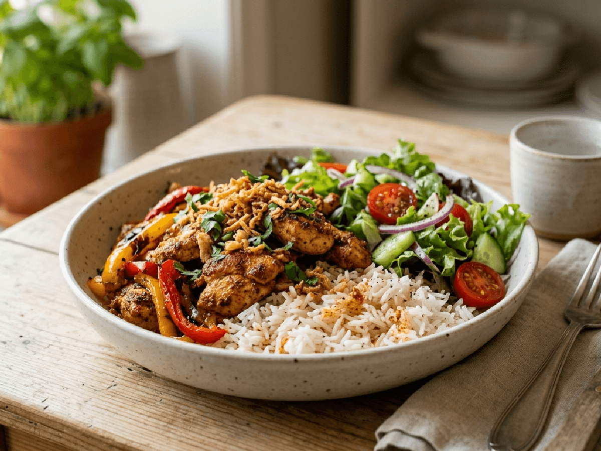 Bowl med ris, kylling, paprika, salat og rømmedressing