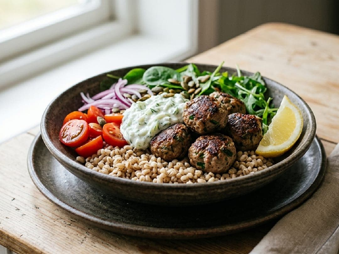 Byggrynsbowl med lammekjøttboller og tzatziki