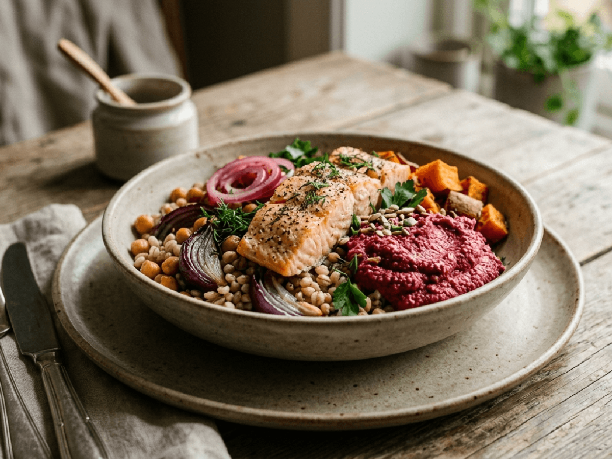 Boller med byggryn, ovnsbakt laks, søtpotet, rødbete-hummus, syltet rødløk, pistasjnøtter og dilldressing