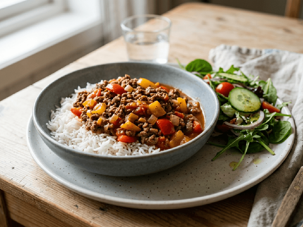 Paprikagryte med ris og grønn salat i en bolle på et trebord.